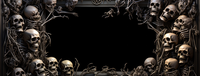 A dark frame surrounded by skulls and twisted branches