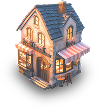 3D illustration of a charming house with a gray roof and warm lighting