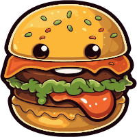 A cartoon burger with a smiling face and tongue sticking out