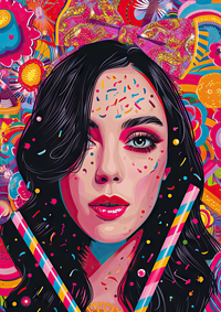 Woman with sprinkles on her face amidst colorful background