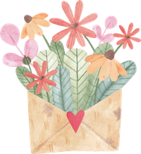 A wooden envelope with a red heart and colorful flowers