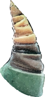 A ceramic sculpture with a conical shape, featuring layered brown and beige colors on a green base.