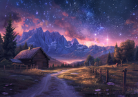 A cabin on a dirt road with mountains and a starry sky in the background.