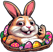 Cartoon Easter bunny in a basket with Easter eggs