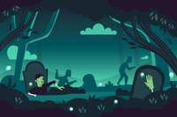 Illustration of a graveyard with zombies rising from the ground
