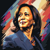 Stylized portrait of Kamala Harris with a bold background