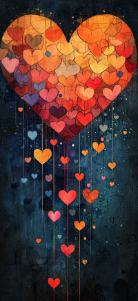 A large heart made of smaller hearts in various colors against a dark background