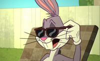 Cartoon bunny wearing sunglasses and relaxing on a chair