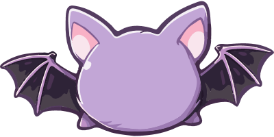 A cute cartoon bat with purple fur and outstretched wings against a black background