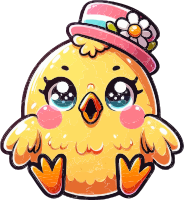 Cartoon chick with a pink hat and flower decoration