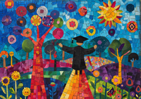 Mosaic artwork of a graduate on a colorful path with flowers and trees