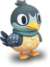 A cartoon bird wearing a green scarf and a yellow vest with a white button.