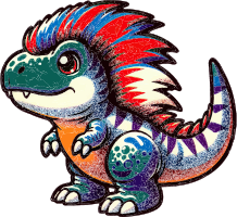 A cartoon dinosaur with a green head, blue and orange body, and red, blue, and white spiky hair.