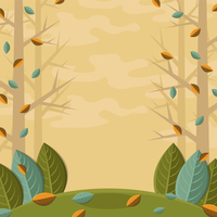 Illustration of an autumn forest with trees shedding leaves onto a green hill.