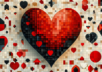 A large red and black pixelated heart on a mosaic background with smaller hearts