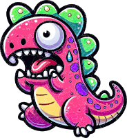 A cartoon dinosaur with a large eye, pink body, green spikes, and sharp teeth.