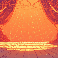 A digital illustration of a stage with a bright orange glow and a complex network of lines.