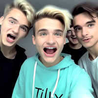 Three young men with surprised faces, one in a Tilly hoodie