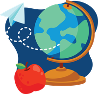 Globe on a stand with an apple and a paper airplane orbiting it