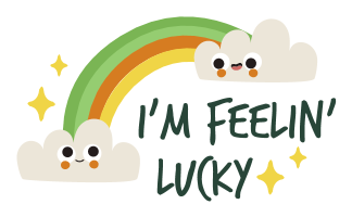 A sticker with a rainbow and clouds that says 'I'm feelin' lucky'