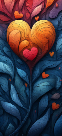 A stylized heart with gradient colors and surrounding foliage
