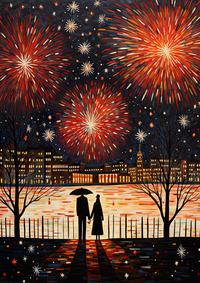 Silhouette of a couple under an umbrella watching fireworks over a city skyline