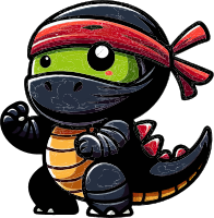 Cartoon ninja dinosaur with red headband and sharp claws