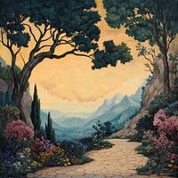 A winding stone path through a vibrant garden leading to distant mountains under a warm sky.