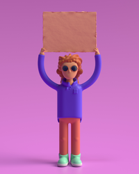 3D cartoon character holding a blank sign