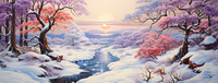 A peaceful winter landscape with snow-covered trees and a gentle stream.