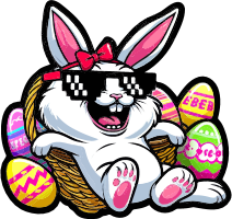 Cartoon Easter bunny with sunglasses and Easter eggs