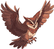 Illustration of a brown owl flying with wings spread wide