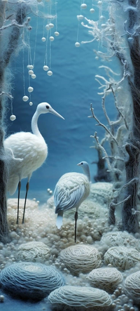 Two white birds standing on white coral with orbs hanging from above