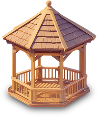 A 3D rendering of a wooden gazebo with a tiled roof and railing