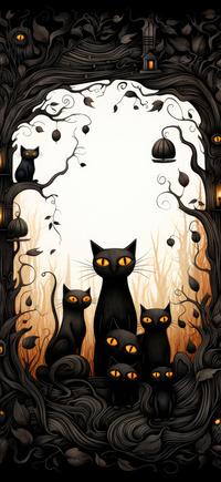 Halloween illustration with black cats and pumpkins