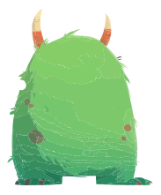 A pixelated green monster with two orange and white horns and red spots.