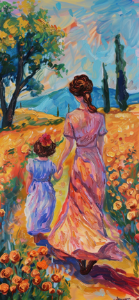 Impressionist painting of a mother and child walking through a field