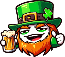 Cartoon leprechaun with green hat and shamrock, holding a beer and giving a thumbs up.