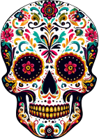 A white sugar skull with vibrant floral and swirling patterns on a black background.