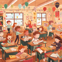 A cartoon illustration of a classroom with students at desks and a teacher, surrounded by balloons and educational posters.