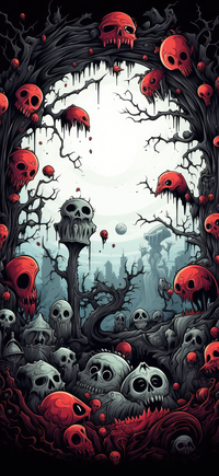 A dark, eerie scene with skulls and bare trees, surrounded by red and gray skulls.