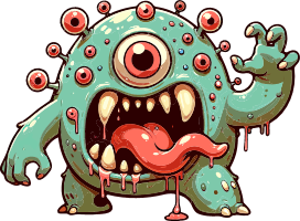 A cartoon monster with a large central eye, sharp teeth, and a long tongue, surrounded by smaller eyes and greenish hue.