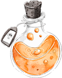 Illustration of a vintage potion bottle with orange liquid and cork stopper
