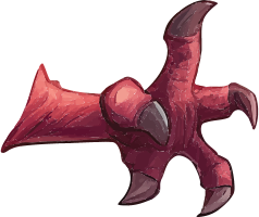 A red, cartoon-style claw with sharp talons against a black background.