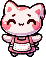 A cartoon character with a pink dress and apron, smiling with eyes closed.