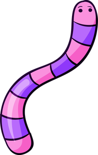 A cartoon worm with a pink and purple striped body