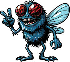 Cartoon blue fly with red eyes giving a peace sign