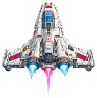 A pixelated illustration of a futuristic spaceship with glowing engines
