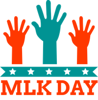 Three raised hands in red and teal colors with MLK Day text below