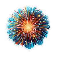 A sticker featuring a vibrant firework explosion with blue, red, and orange colors